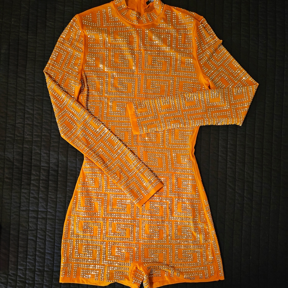 Neon orange bodysuit with silver studs